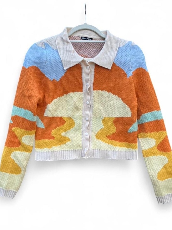 Honey Love Sweaters - Honey Toc Orange & Blue Patterned Collared Cardigan Sweater